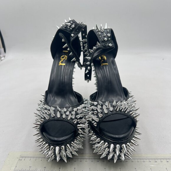 FSJ Black Spiked High Heel with Studded Ankle Strap Peep Toe Platform Sandals - Picture 3 of 8